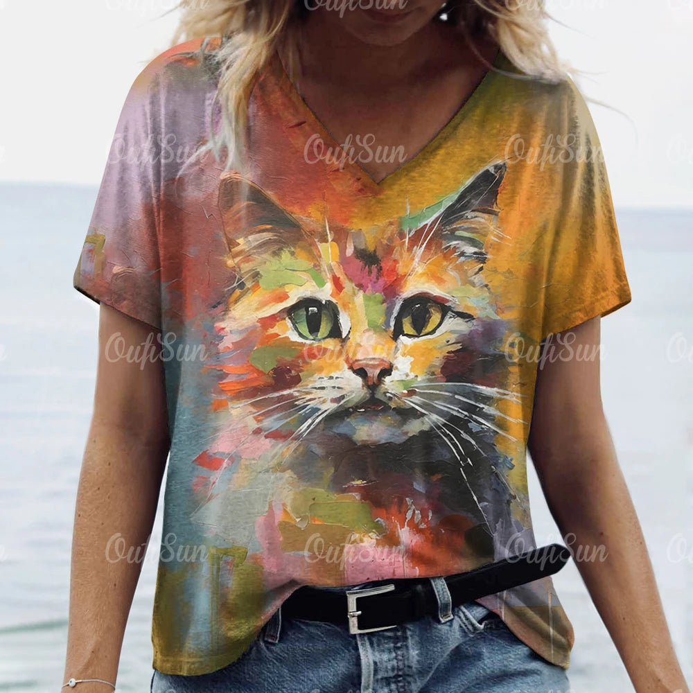 Summer Women's T Shirt, Cat Print