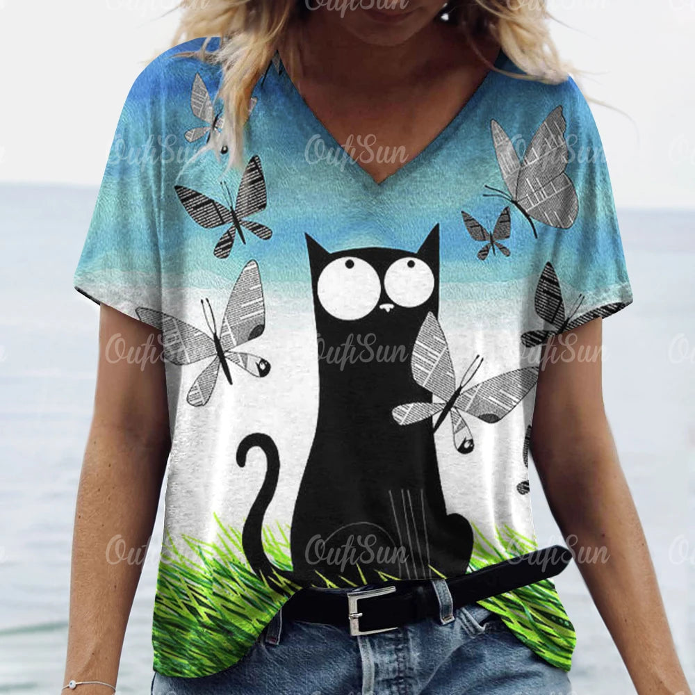 Summer Women's T Shirt, Cat Print