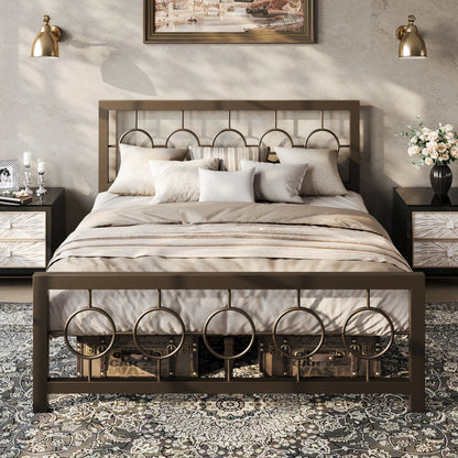 Metal Platform Bed Frame with Vintage Circular Design Headboard and Footboard