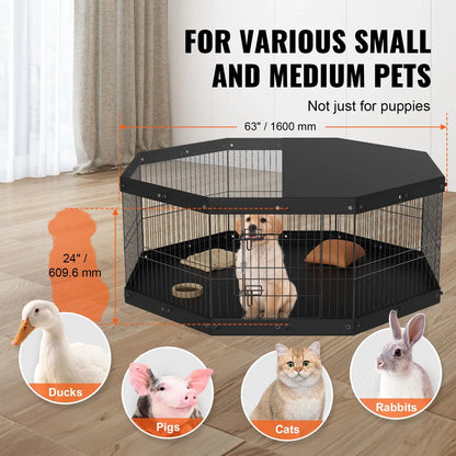 Dog Playpen, 8 Panels Foldable Metal Dog Exercise Pen with Top Cover and Bottom Pad, 24" H