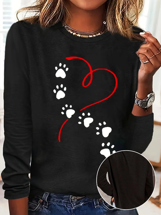 Heart Dog Paw Print T shirt -Crew Neck women's long sleeved