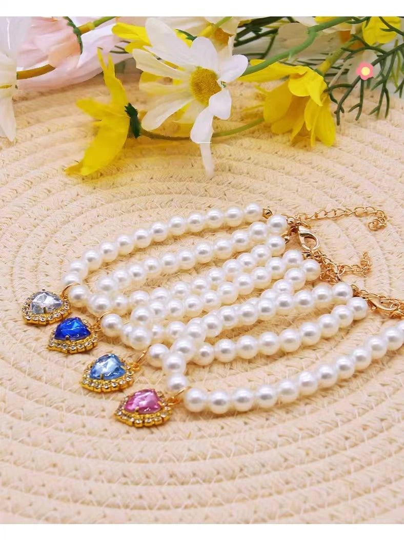 Pet Fashion Necklace -Pearl Beaded Solid Crystal Pendant Pet Product