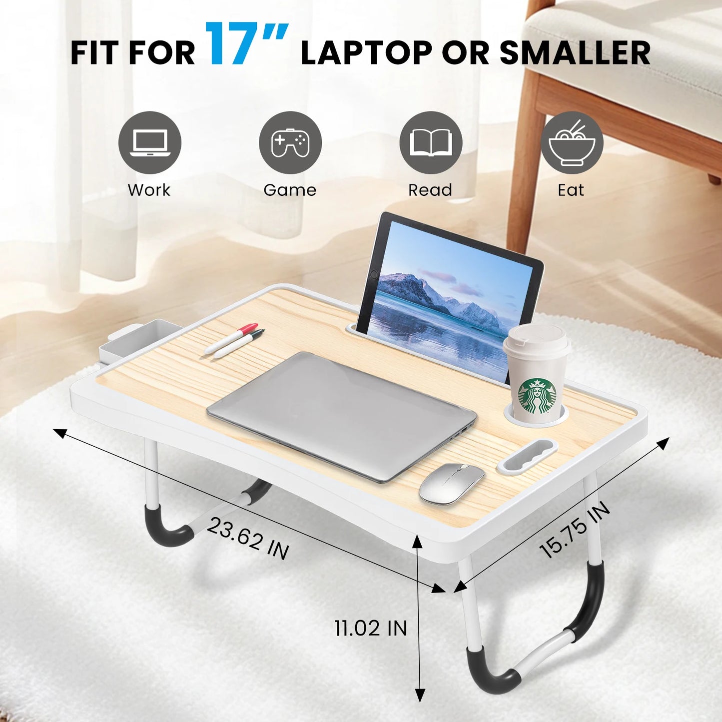 Extra-large multifunctional folding desk, portable multi-color wooden laptop bed desk with cup holder.