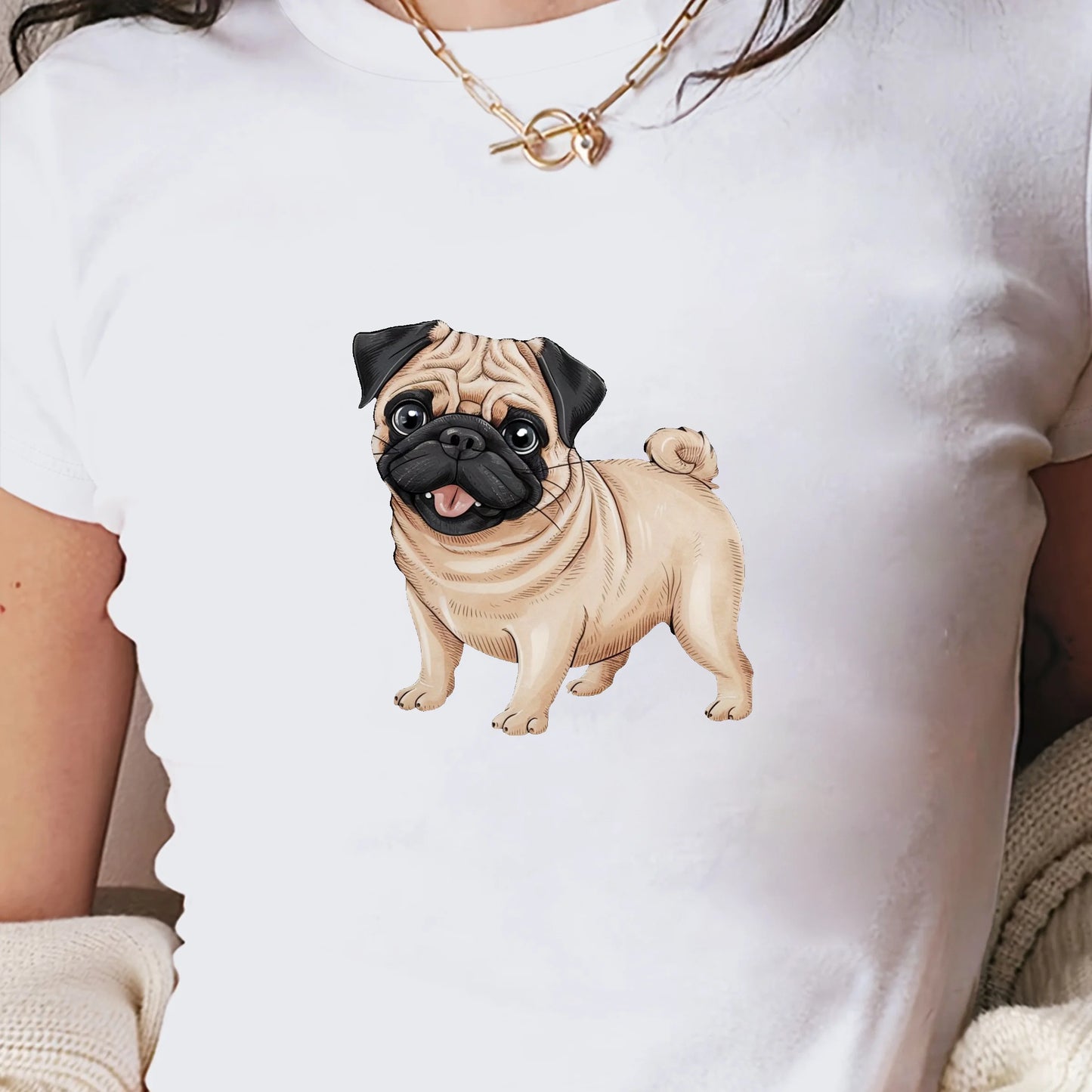 Pug Illustration Women's Fashion Short T-Shirt-  Slim Fit Knitted Fabric