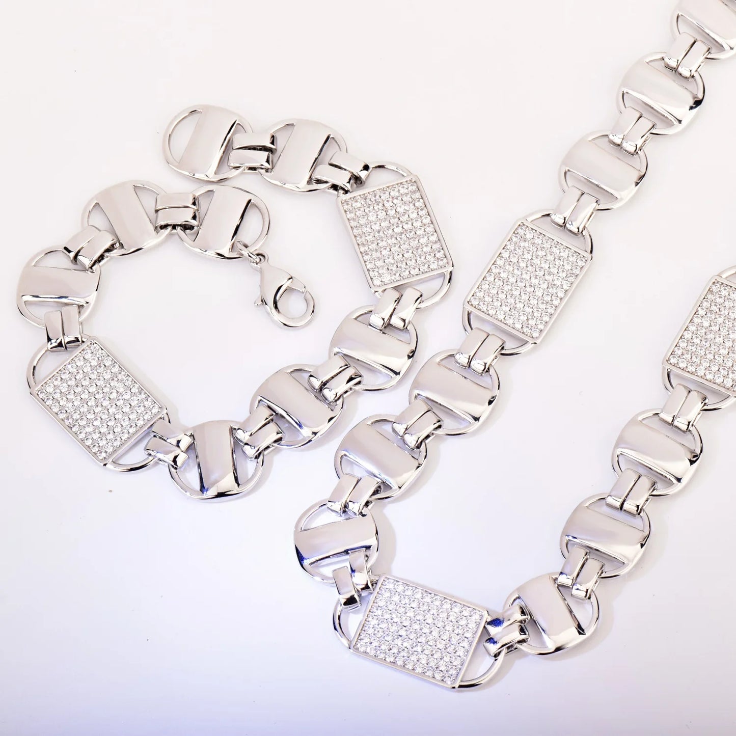 Square Clustered Cuban Chain Bracelet+Necklace Set- Gold Color Iced Out CZ Zirconia Fashion Jewelry