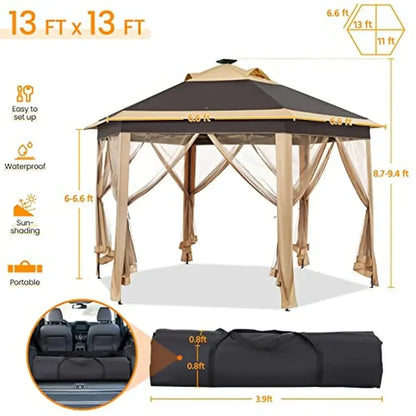13x13 Outdoor Hexagonal Gazebo Tent with Solar LED Lights & Mesh Netting