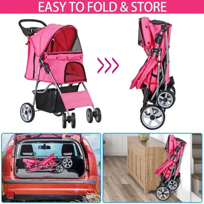 Foldable 4 Wheel Pet Stroller, for Cat, Dog w/ Cup Holder