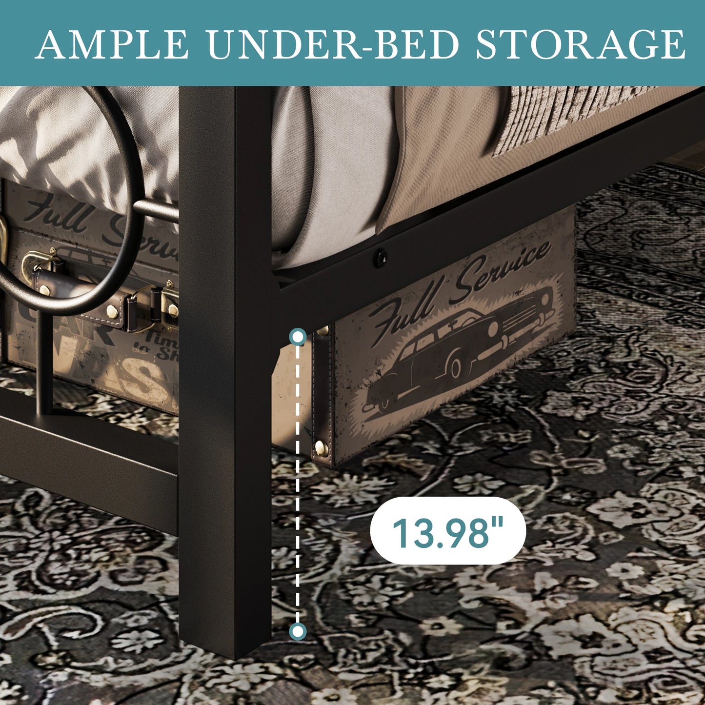 Metal Platform Bed Frame with Vintage Circular Design Headboard and Footboard