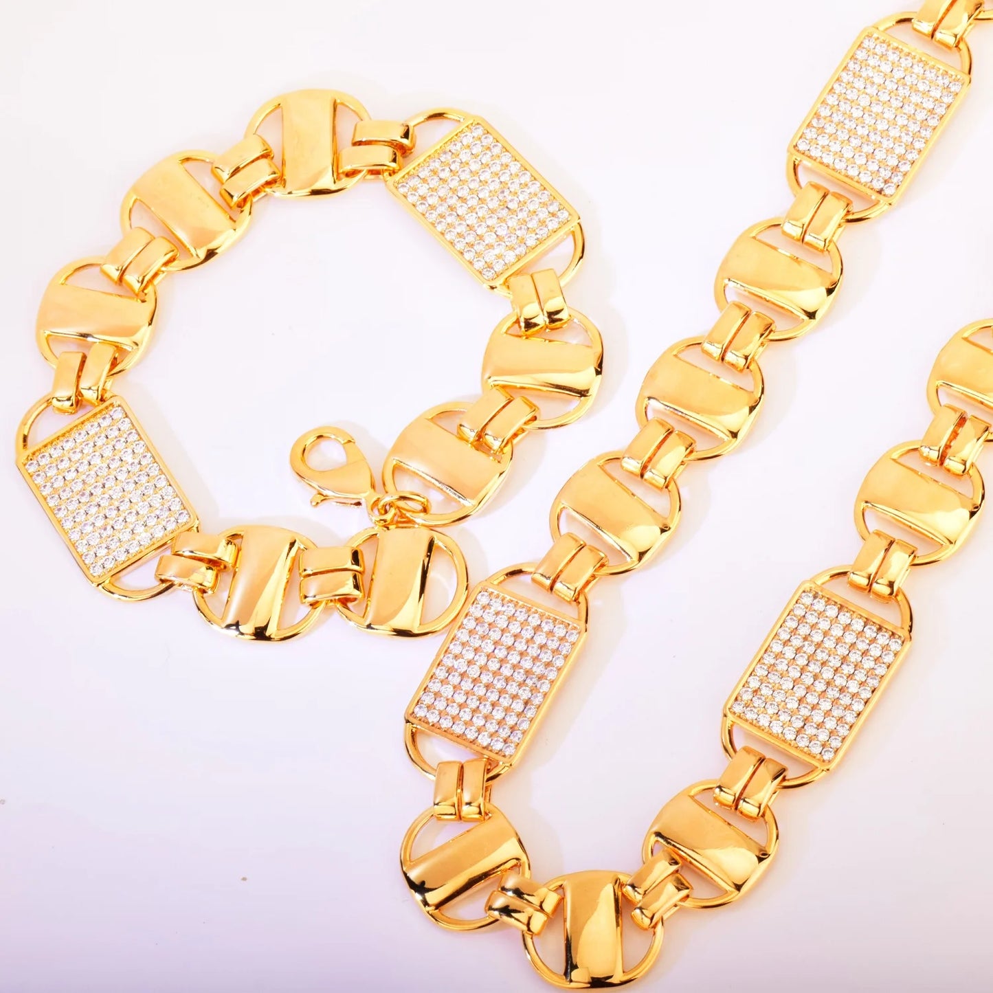 Square Clustered Cuban Chain Bracelet+Necklace Set- Gold Color Iced Out CZ Zirconia Fashion Jewelry