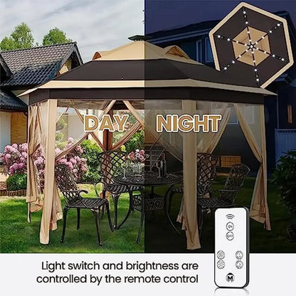 13x13 Outdoor Hexagonal Gazebo Tent with Solar LED Lights & Mesh Netting