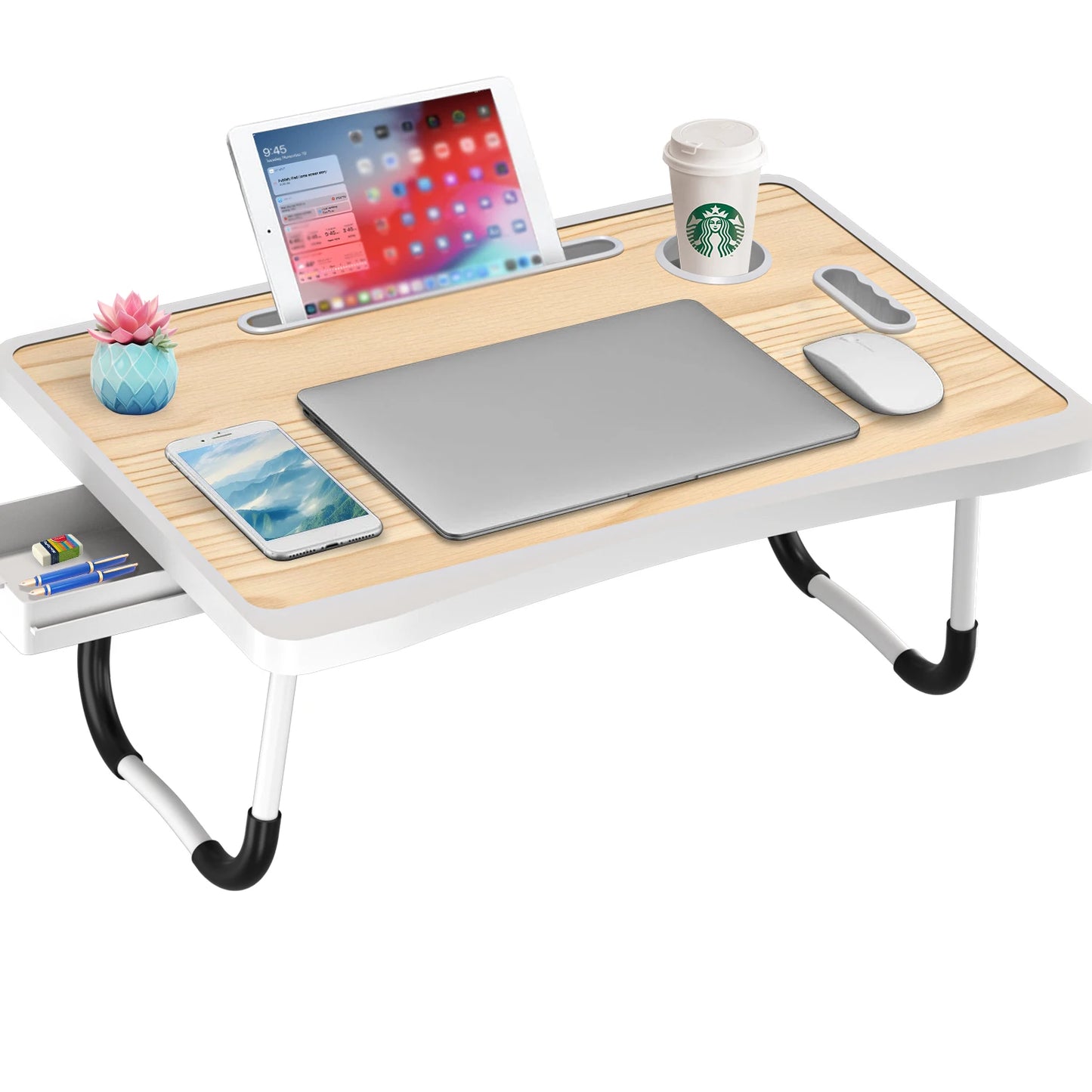 Extra-large multifunctional folding desk, portable multi-color wooden laptop bed desk with cup holder.