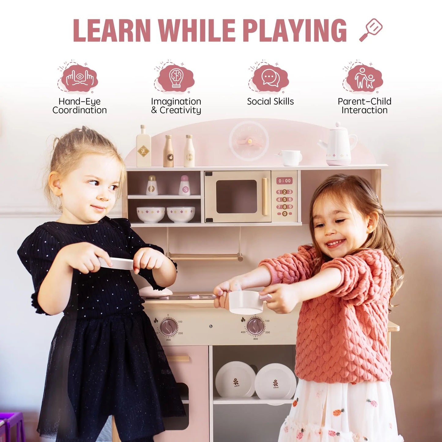 Wooden Modern Style Play Kitchen with Realistic Accessories