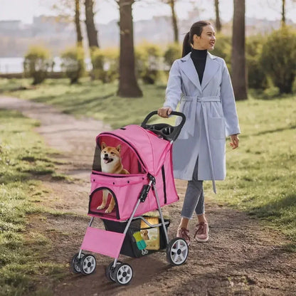 Foldable 4 Wheel Pet Stroller, for Cat, Dog w/ Cup Holder