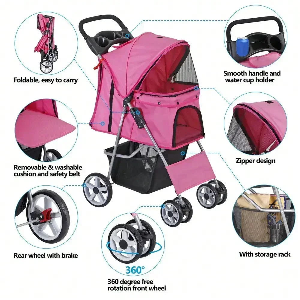 Foldable 4 Wheel Pet Stroller, for Cat, Dog w/ Cup Holder