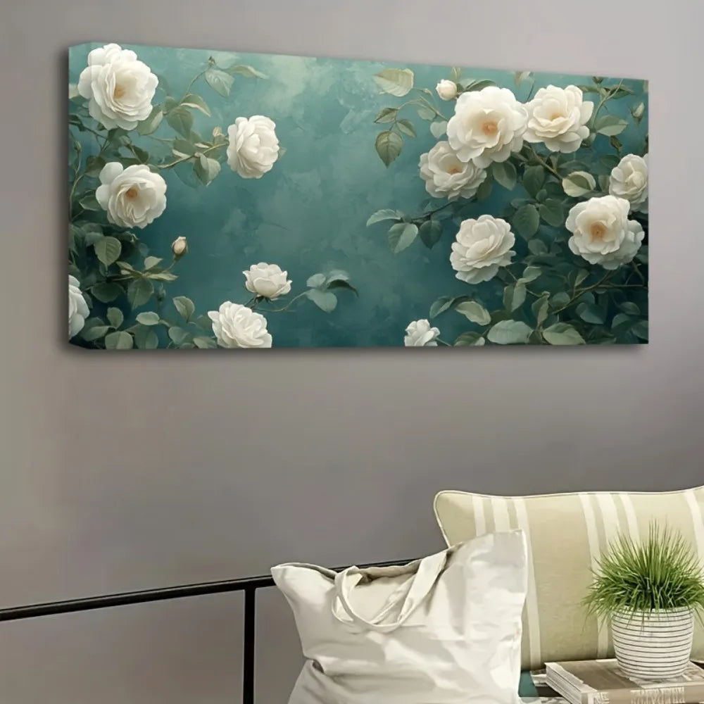 Wall canvas decoration with floral painting.