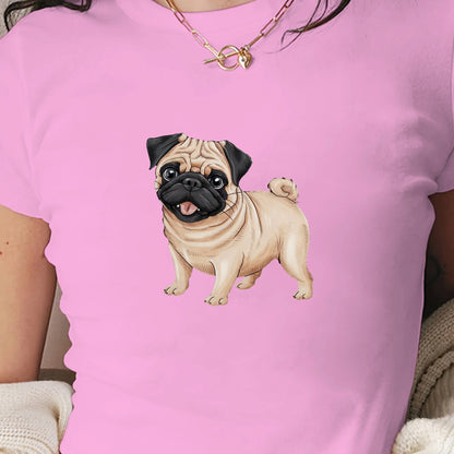 Pug Illustration Women's Fashion Short T-Shirt-  Slim Fit Knitted Fabric