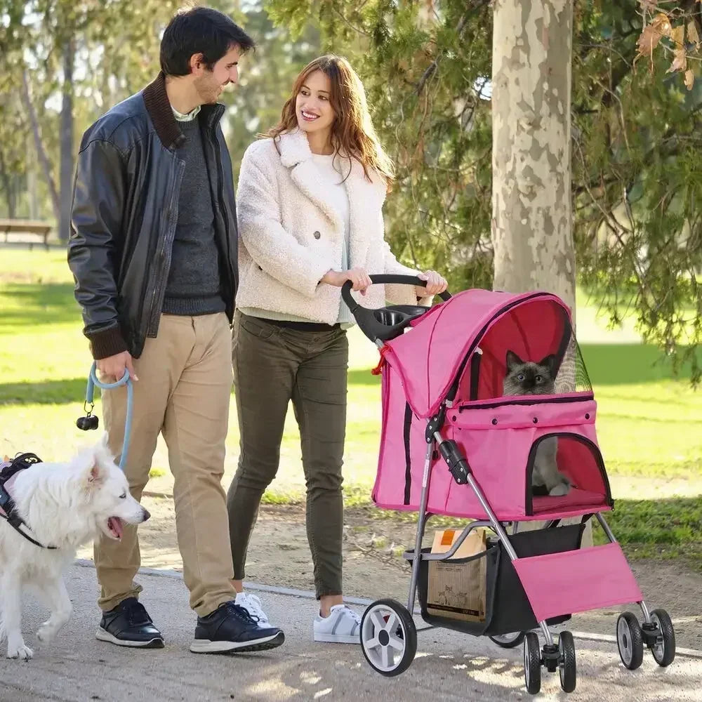 Foldable 4 Wheel Pet Stroller, for Cat, Dog w/ Cup Holder