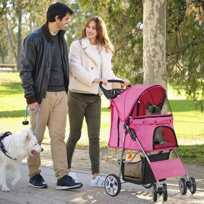 Foldable 4 Wheel Pet Stroller, for Cat, Dog w/ Cup Holder