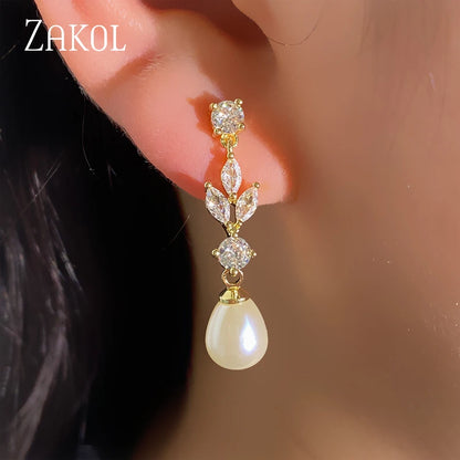 Fashion Marquise Cut Cubic Zircon Dangle Earrings for Women- Imitation Pearl Leaf