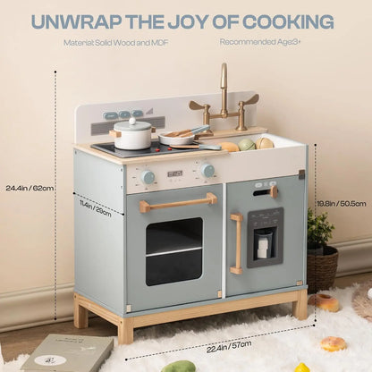 Wooden Kitchen Playset with Real Lights & Sounds -Ice Cube Dispenser- For Ages 3+