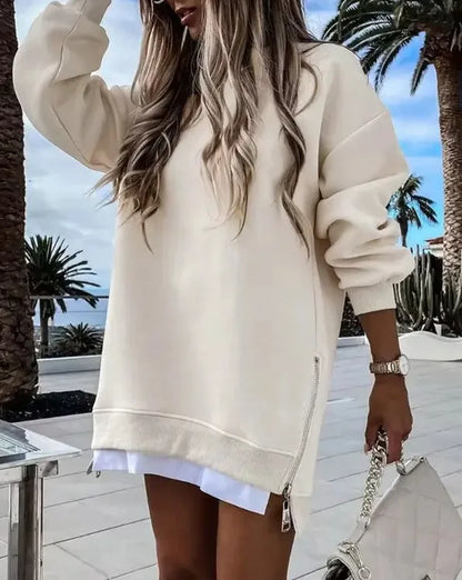 Autumn And Winter Fashion Women's Round Neck Long Sleeved Mid Length Sweater