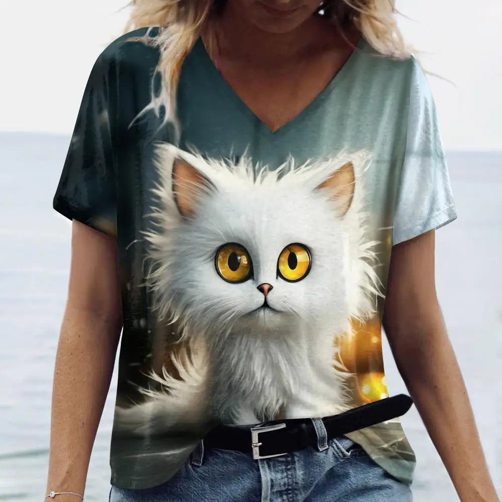 Summer Women's T Shirt, Cat Print