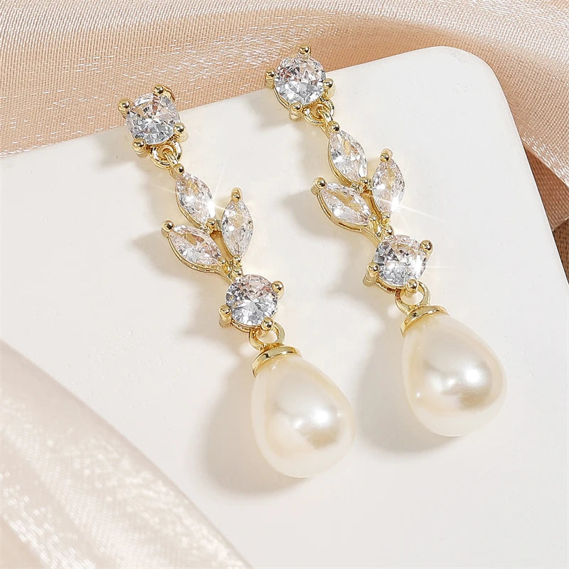 Fashion Marquise Cut Cubic Zircon Dangle Earrings for Women- Imitation Pearl Leaf