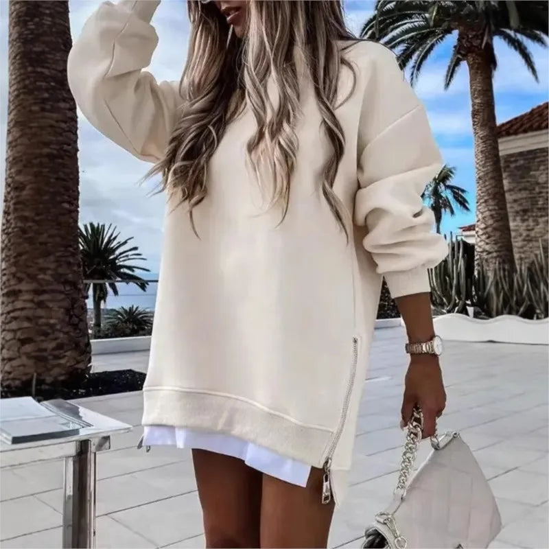 Autumn And Winter Fashion Women's Round Neck Long Sleeved Mid Length Sweater