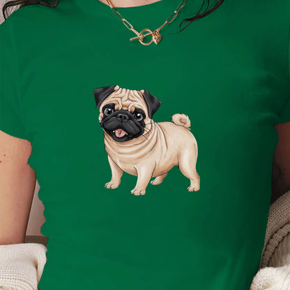 Pug Illustration Women's Fashion Short T-Shirt-  Slim Fit Knitted Fabric