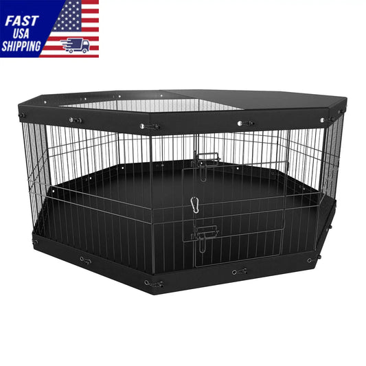 Dog Playpen, 8 Panels Foldable Metal Dog Exercise Pen with Top Cover and Bottom Pad, 24" H