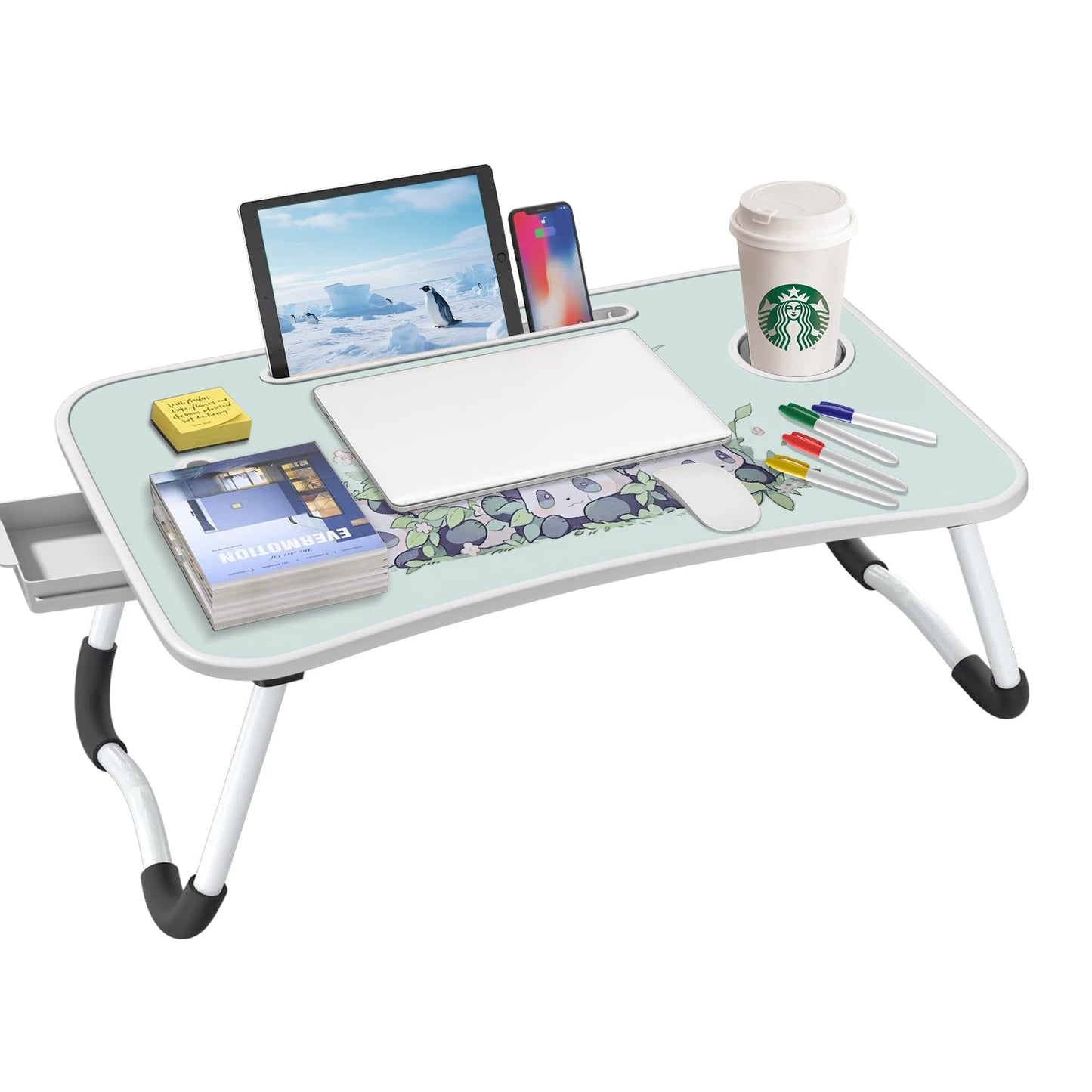 Extra-large multifunctional folding desk, portable multi-color wooden laptop bed desk with cup holder.