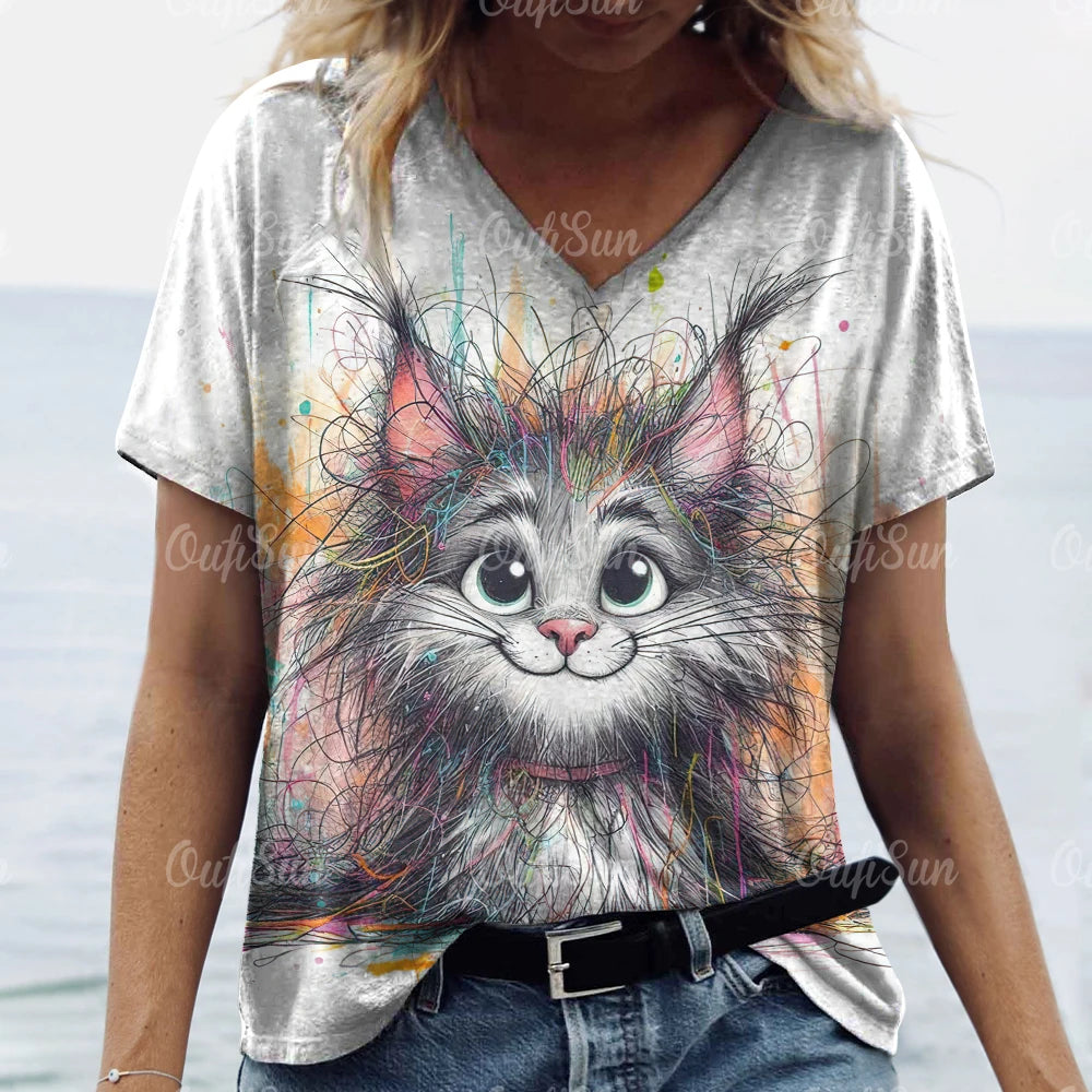 Summer Women's T Shirt, Cat Print