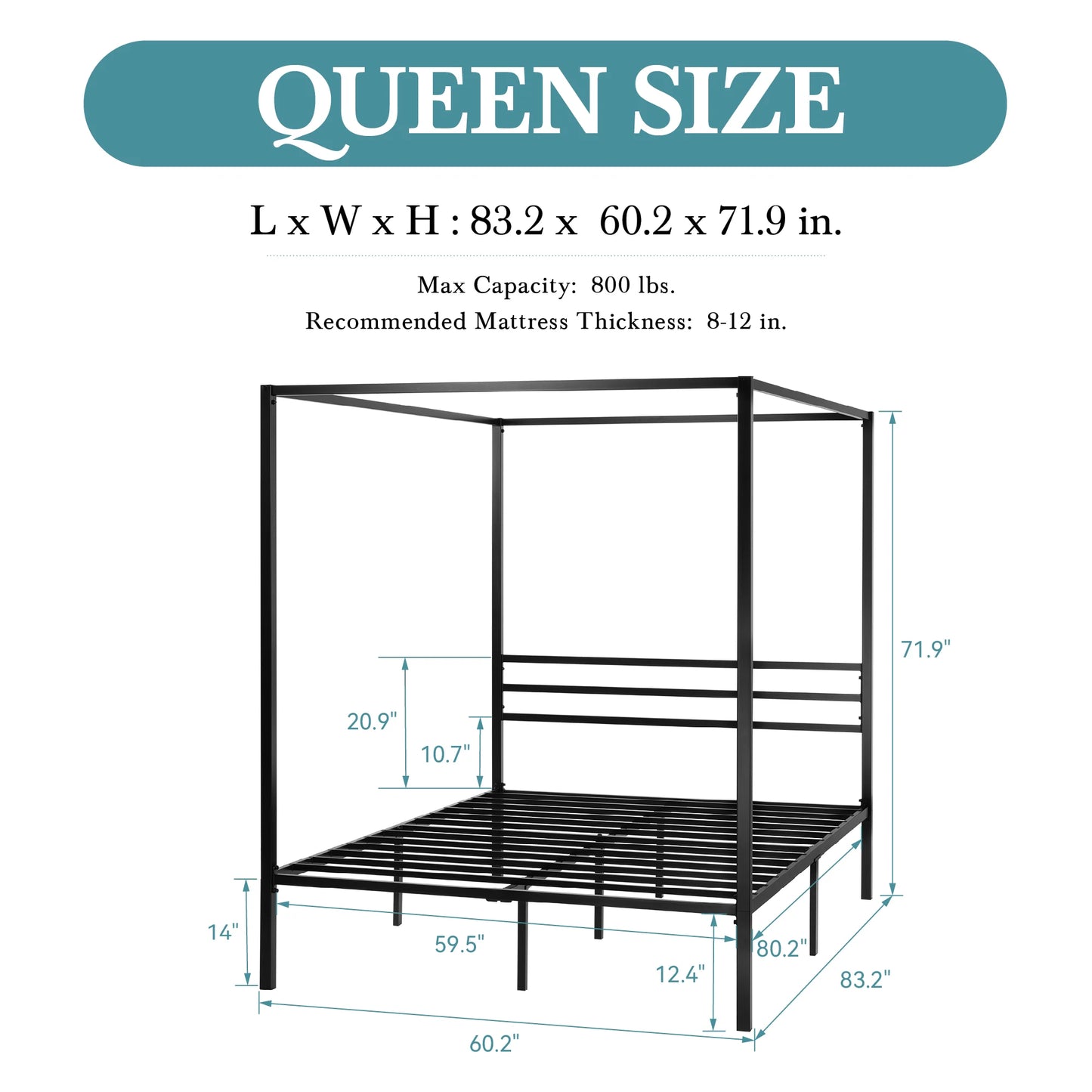 Canopy Bed Framer, 3-Metal Crossbar, No Box Spring Needed