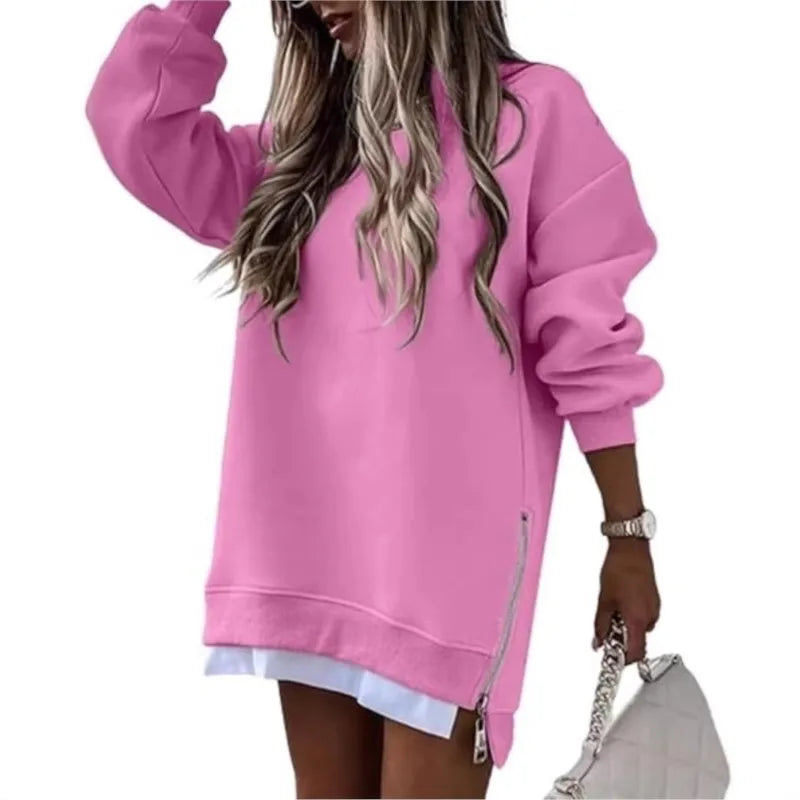 Autumn And Winter Fashion Women's Round Neck Long Sleeved Mid Length Sweater