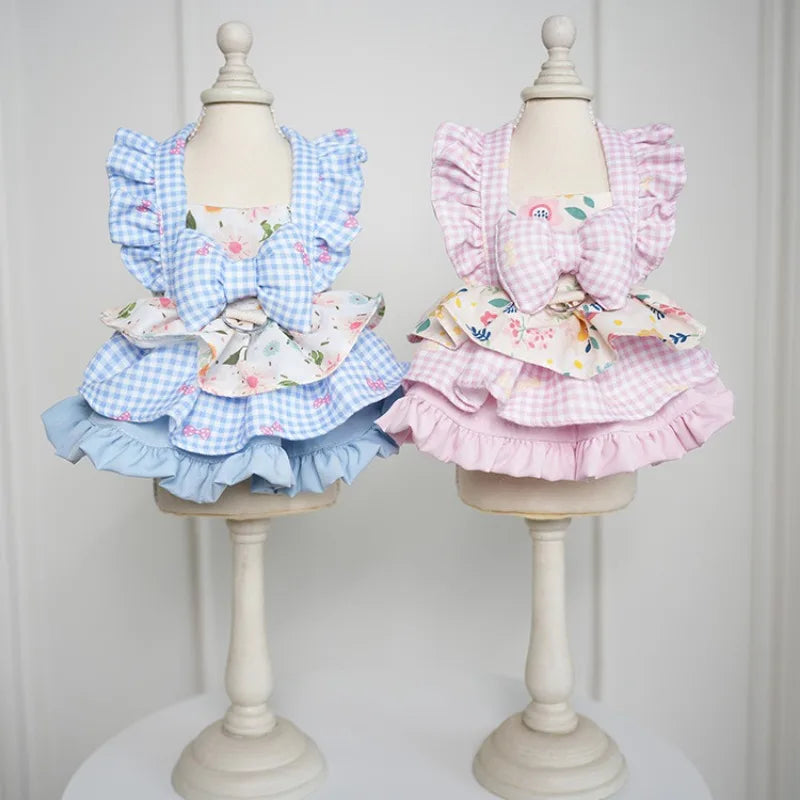 Pet Dress -Floral & Plaid with Princess Bow