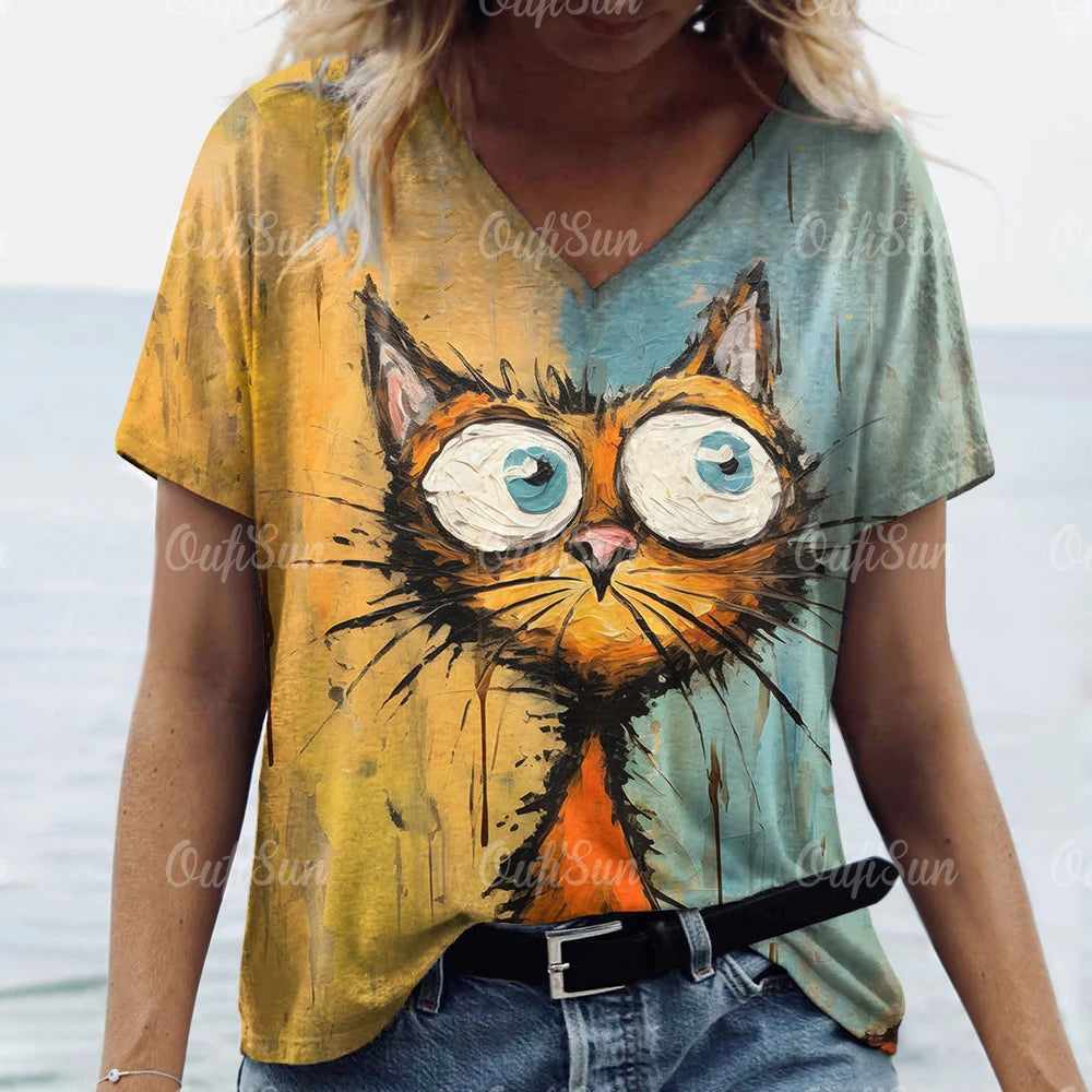 Summer Women's T Shirt, Cat Print