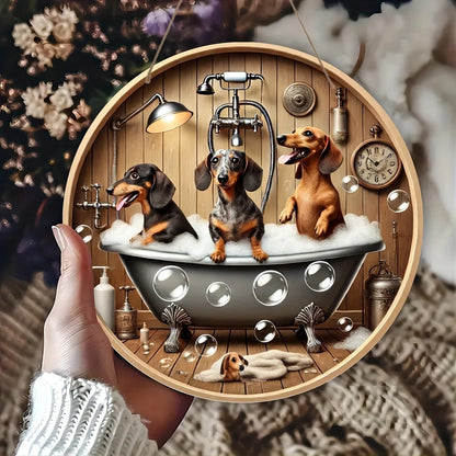 20cm Wooden flat print cute dachshunds bath round picture -decoration home decor