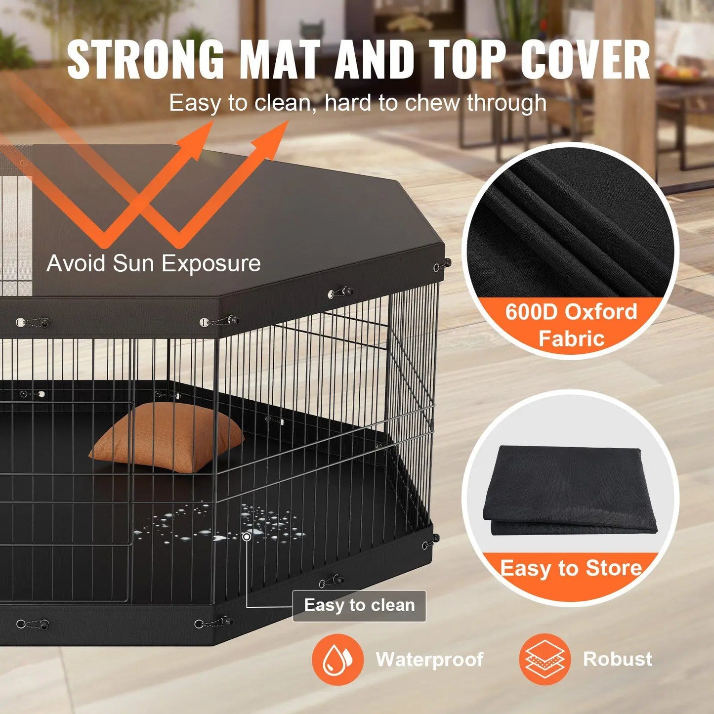 Dog Playpen, 8 Panels Foldable Metal Dog Exercise Pen with Top Cover and Bottom Pad, 24" H