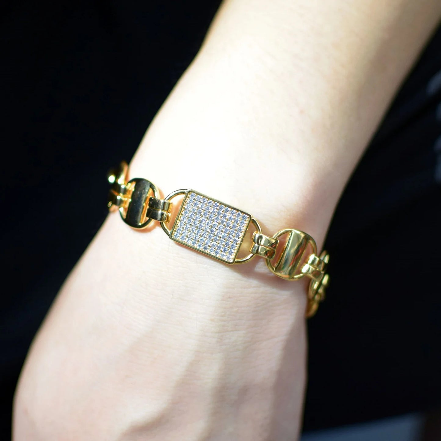 Square Clustered Cuban Chain Bracelet+Necklace Set- Gold Color Iced Out CZ Zirconia Fashion Jewelry