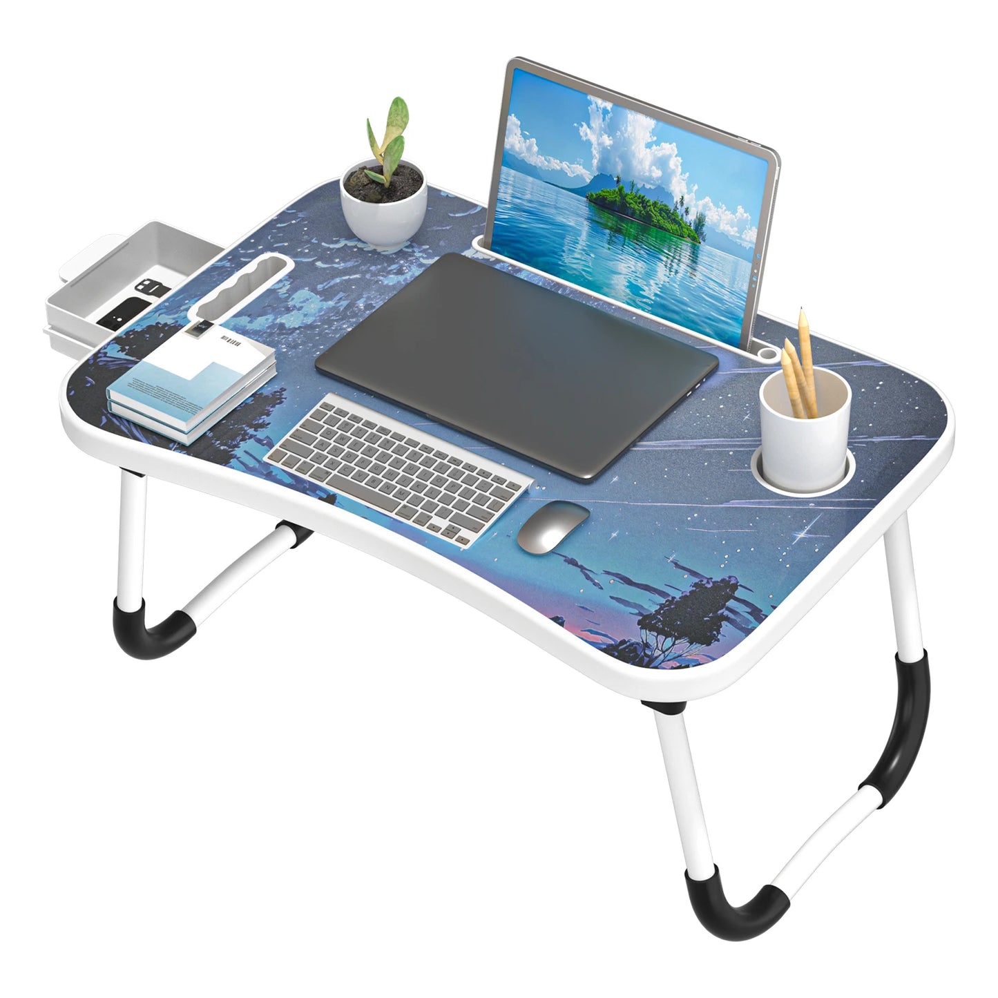 Extra-large multifunctional folding desk, portable multi-color wooden laptop bed desk with cup holder.