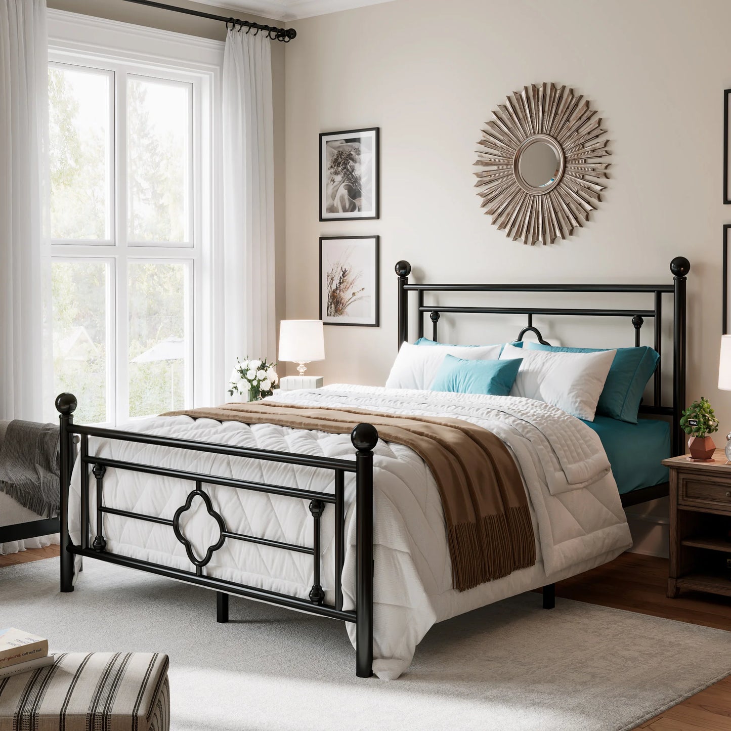 Metal Platform Bed Frame, Wrought Iron Headboard and Footboard