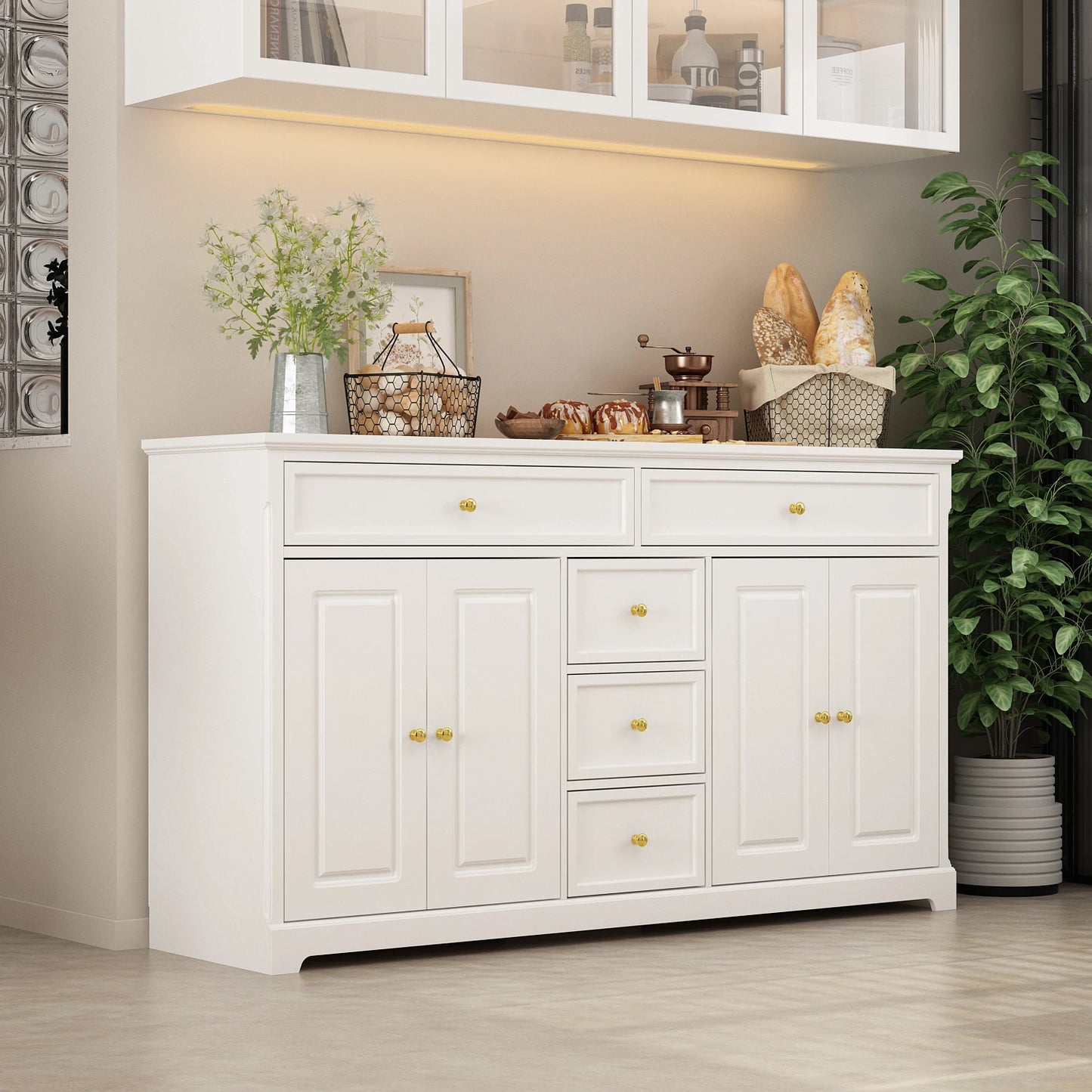 Modern Dresser Cabinet with 5 Drawers & 4 Storage Compartments with Adjustable Shelves, White
