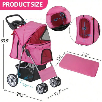 Foldable 4 Wheel Pet Stroller, for Cat, Dog w/ Cup Holder